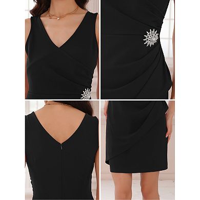 Women's Ruched Dress Faux Wrap V Neck Party Cocktail Sleeveless Sheath Dresses