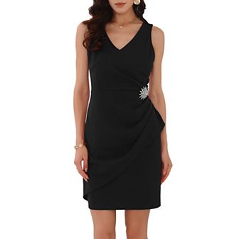 Women's Ruched Dress Faux Wrap V Neck Party Cocktail Sleeveless Sheath Dresses