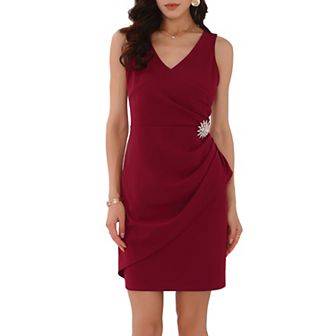 Women's Ruched Dress Faux Wrap V Neck Party Cocktail Sleeveless Sheath Dresses