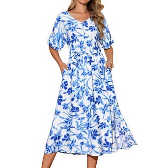 Women's Summer Dresses Loose Boho V Neck Short Sleeve Tie Waist Flowy Floral Slit Beach Maxi Dress