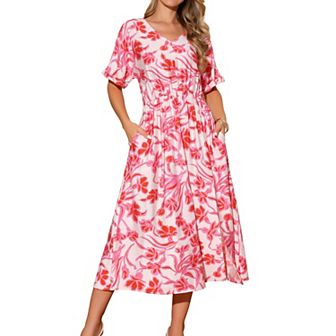Women's Summer Dresses Loose Boho V Neck Short Sleeve Tie Waist Flowy Floral Slit Beach Maxi Dress