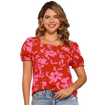Floral Blouse for Women's Square Neck Tops Summer Casual Puffy Short Sleeve Blouse