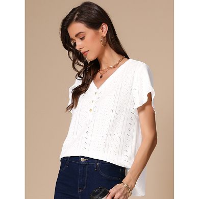 Summer Tops for Women's Short Tulip Sleeve Button Front V Neck Eyelet Loose Fit Top