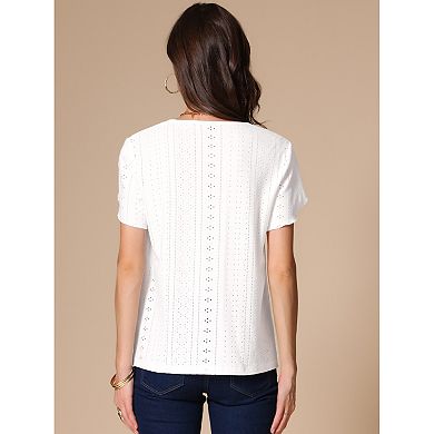 Summer Tops for Women's Short Tulip Sleeve Button Front V Neck Eyelet Loose Fit Top