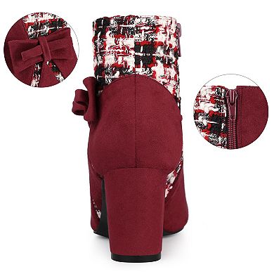 Women's Tweed Plaid Heels Boot Bow Block Heels Ankle Boots