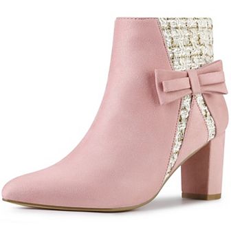 Women's Tweed Plaid Heels Boot Bow Block Heels Ankle Boots