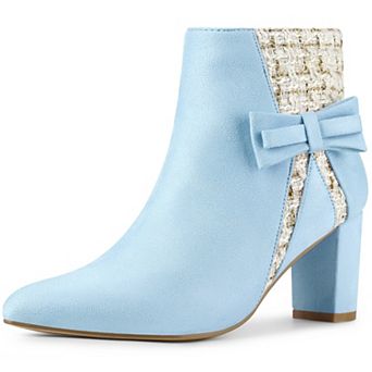 Women's Tweed Plaid Heels Boot Bow Block Heels Ankle Boots