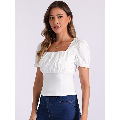 トップス lohen SQUARE NECK COMPACT TOPS black Tops for Women's Square Neck Ruffle Short Sleeve Summer Casual T