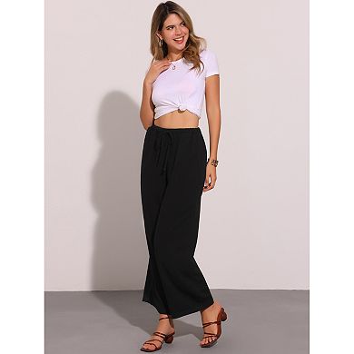 Linen Summer Pants for Women's High Waist Drawstring Loose Fit Lightweight Long Palazzo Gauze Pants