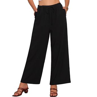 Linen Summer Pants for Women's High Waist Drawstring Loose Fit Lightweight Long Palazzo Gauze Pants
