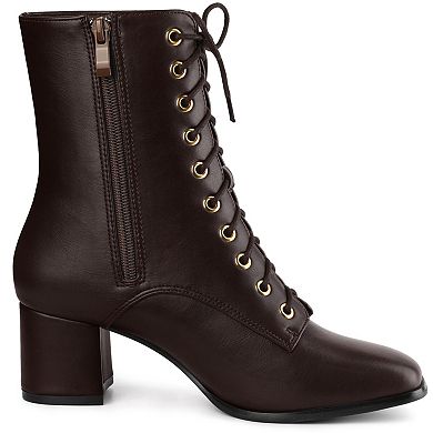 Women's Lace Up Square Toe Chunky Heels Ankle Combat Boots