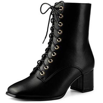 Women's Lace Up Square Toe Chunky Heels Ankle Combat Boots