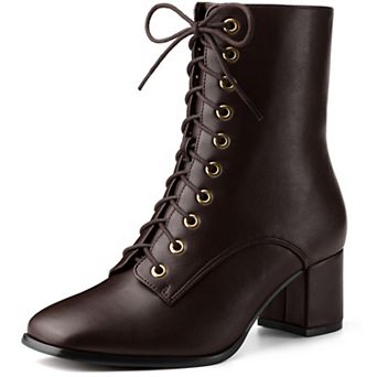 Women's Lace Up Square Toe Chunky Heels Ankle Combat Boots