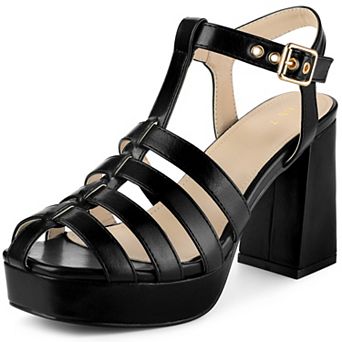 Women's Gladiator Platform Square Toe T-Strap Chunky Heel Fisherman Sandals