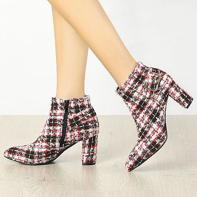 Women's Plaid Pointed Toe Chunky Heels Ankle Boots
