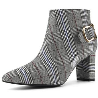 Women's Plaid Pointed Toe Chunky Heels Ankle Boots