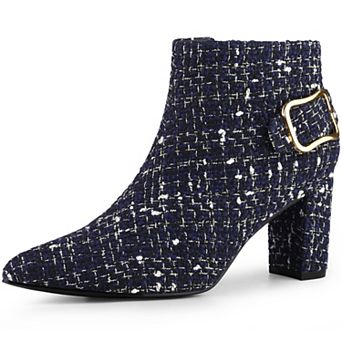 Women's Plaid Pointed Toe Chunky Heels Ankle Boots