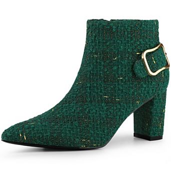 Women's Plaid Pointed Toe Chunky Heels Ankle Boots