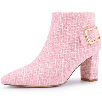 Women's Plaid Pointed Toe Chunky Heels Ankle Boots