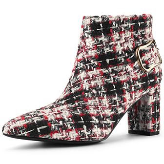 Women's Plaid Pointed Toe Chunky Heels Ankle Boots