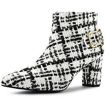 Women's Plaid Pointed Toe Chunky Heels Ankle Boots
