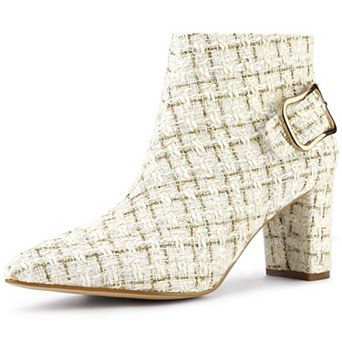 Women's Plaid Pointed Toe Chunky Heels Ankle Boots