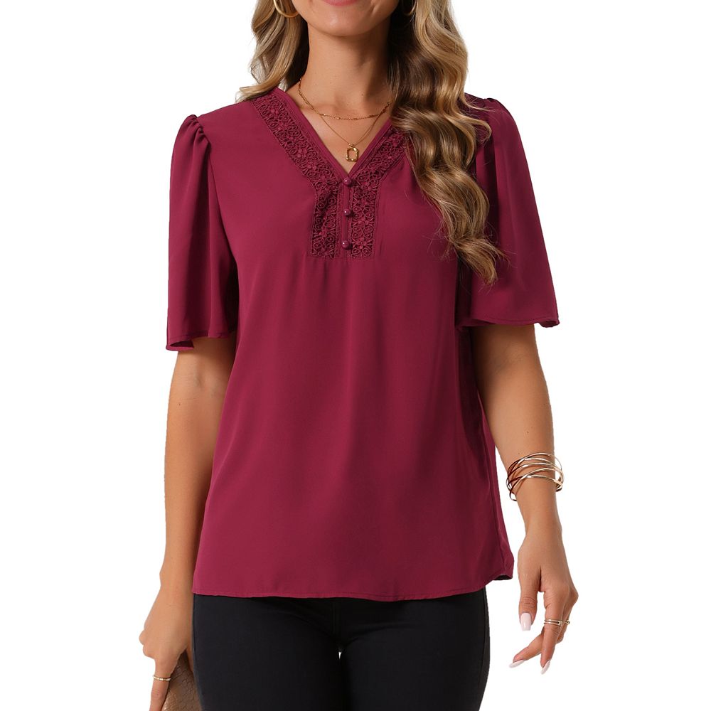 Women's Dressy Chiffon Blouses V Neck Casual Tops Summer Short Sleeve ...