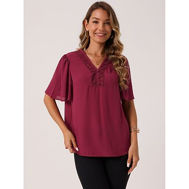Women's Dressy Chiffon Blouses V Neck Casual Tops Summer Short Sleeve Tunic Shirts