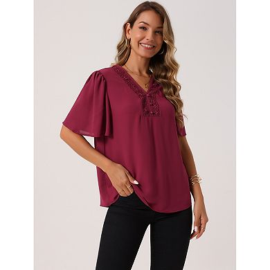 Women's Dressy Chiffon Blouses V Neck Casual Tops Summer Short Sleeve Tunic Shirts