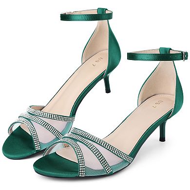 Women's Rhinestone Mesh Kitten Heels Sandals