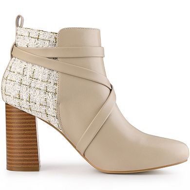 Women's Pointy Toe Plaid Crisscross Strap Buckle Chunky Heels Ankle Booties