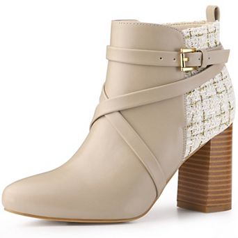 Women's Pointy Toe Plaid Crisscross Strap Buckle Chunky Heels Ankle Booties