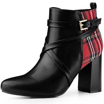 Women's Pointy Toe Plaid Crisscross Strap Buckle Chunky Heels Ankle Booties