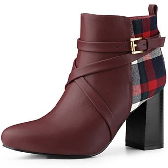 Women's Pointy Toe Plaid Crisscross Strap Buckle Chunky Heels Ankle Booties