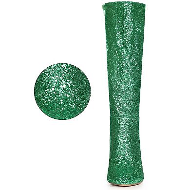 Women's Sparkle Glitter Pointy Toe Stiletto Heel Knee High Boots