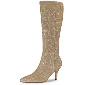 Women's Sparkle Glitter Pointy Toe Stiletto Heel Knee High Boots