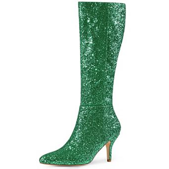 Women's Sparkle Glitter Pointy Toe Stiletto Heel Knee High Boots