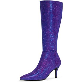 Women's Sparkle Glitter Pointy Toe Stiletto Heel Knee High Boots