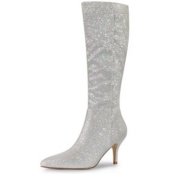 Women's Sparkle Glitter Pointy Toe Stiletto Heel Knee High Boots