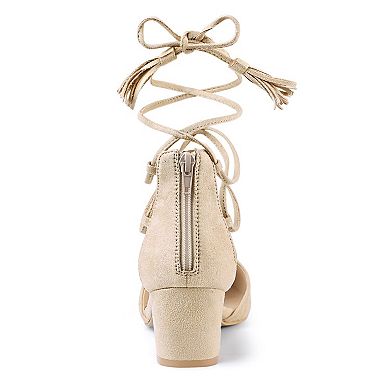 Women's Pointed Toe Block Heels Lace Up Pumps