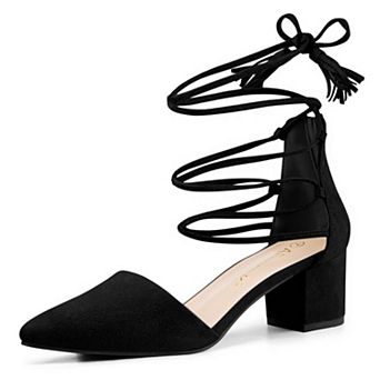 Women's Pointed Toe Block Heels Lace Up Pumps