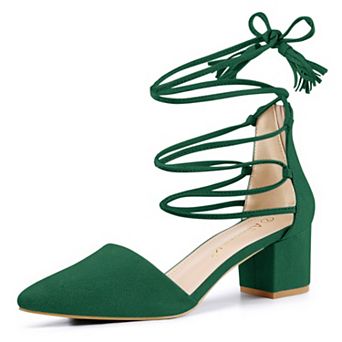 Women's Pointed Toe Block Heels Lace Up Pumps