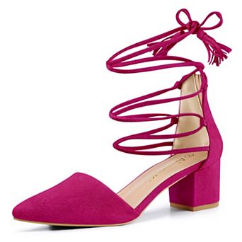 Women's Pointed Toe Block Heels Lace Up Pumps