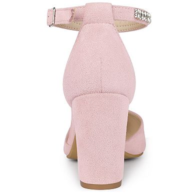 Women's Pointed Toe Rhinestone Ankle Strap Chunky Heels Pumps