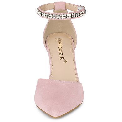 Women's Pointed Toe Rhinestone Ankle Strap Chunky Heels Pumps
