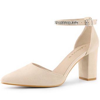 Women's Pointed Toe Rhinestone Ankle Strap Chunky Heels Pumps