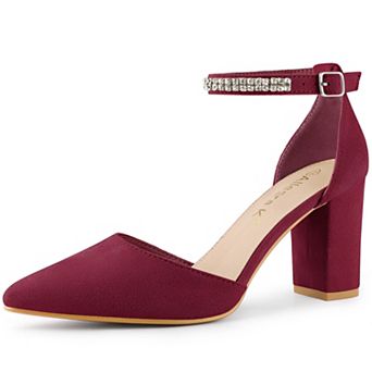 Women's Pointed Toe Rhinestone Ankle Strap Chunky Heels Pumps