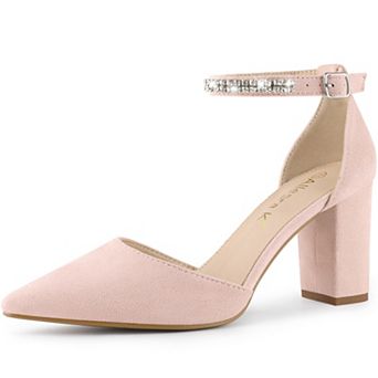 Women's Pointed Toe Rhinestone Ankle Strap Chunky Heels Pumps