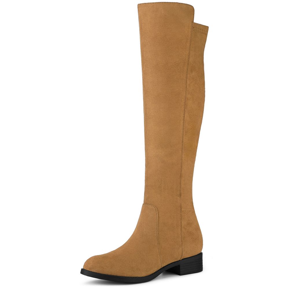Black Side Zipper Knee High Chunky Low Heel Boots