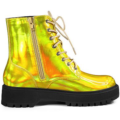 Women's Round Toe Platform Lace Up Colorful Combat Ankle Boots